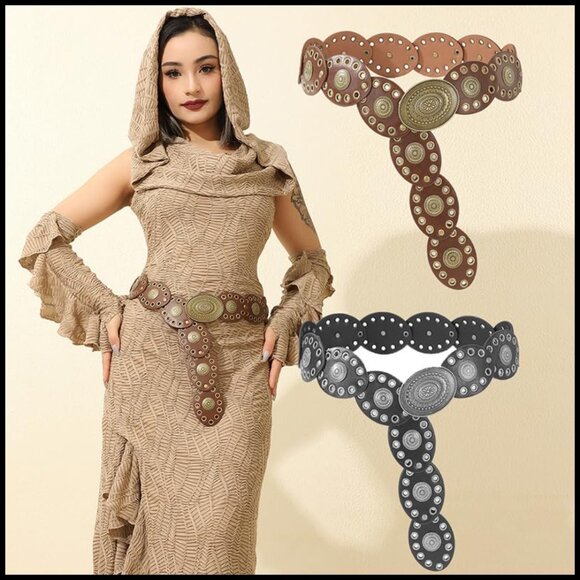 Western Wide Disc Belt Vintage Boho PU Leather Buckle Adjustable Dress Jeans - Picture 4 of 7